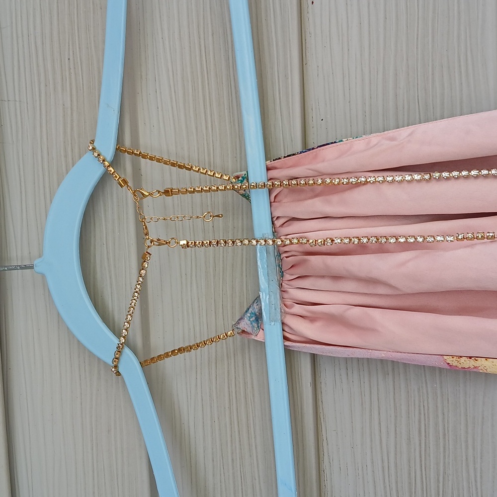 $415 Retrofete Anahita Silk Elegant Pink and Green Halter Dress with Rhi… - Picture 7 of 9